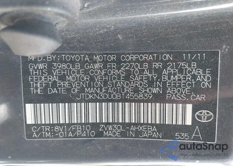 2011 Toyota Prius Two from USA, damaged, VIN JTDKN3DU0B1455839